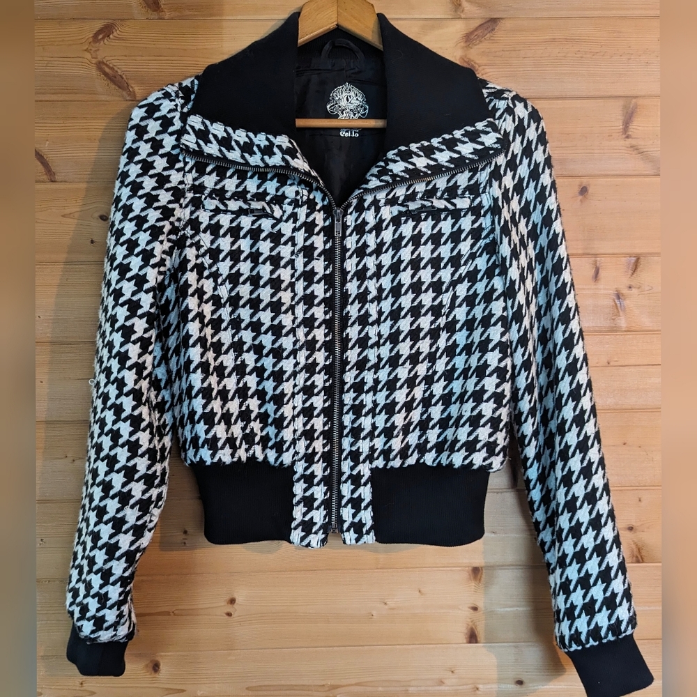 Cello Black and White Houndstooth Bomber Jacket